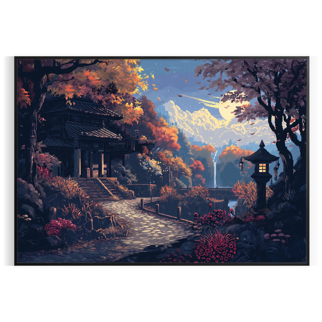 Pixel art design featuring green and blue hues with retro elements