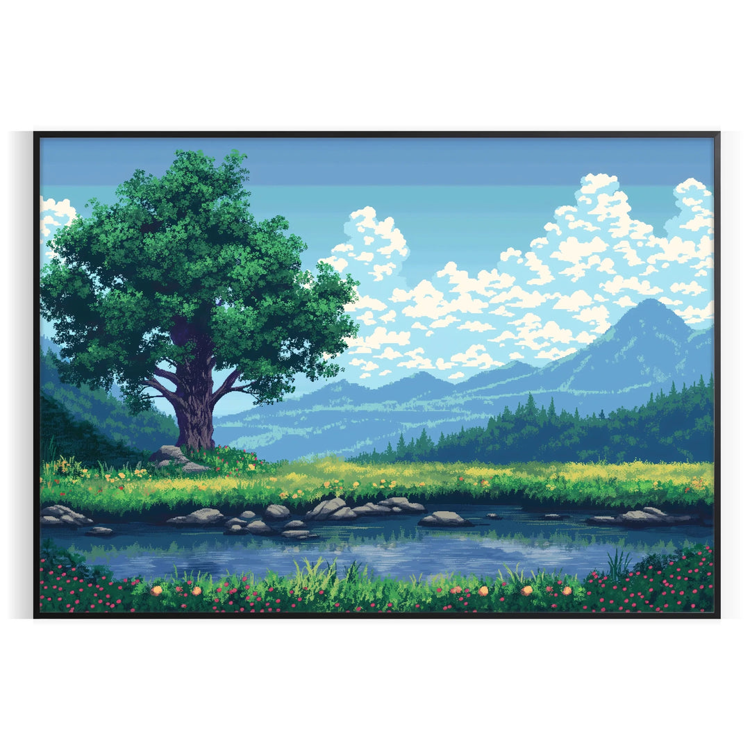 Pixel art depiction of a colorful cosmic scene with green and blue hues
