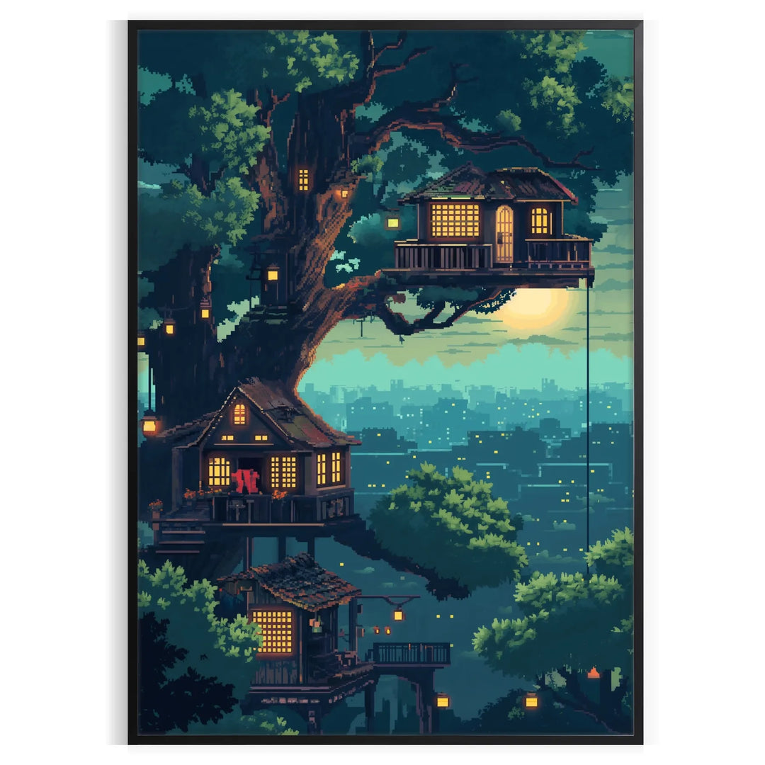 Colorful pixel art depicting a cosmic scene with green and gray tones