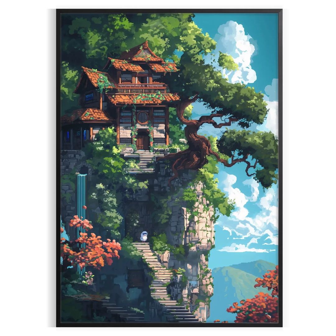 Pixel art depiction of a colorful space scene with green and blue tones