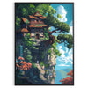 Pixel art depiction of a colorful space scene with green and blue tones - in a black frame