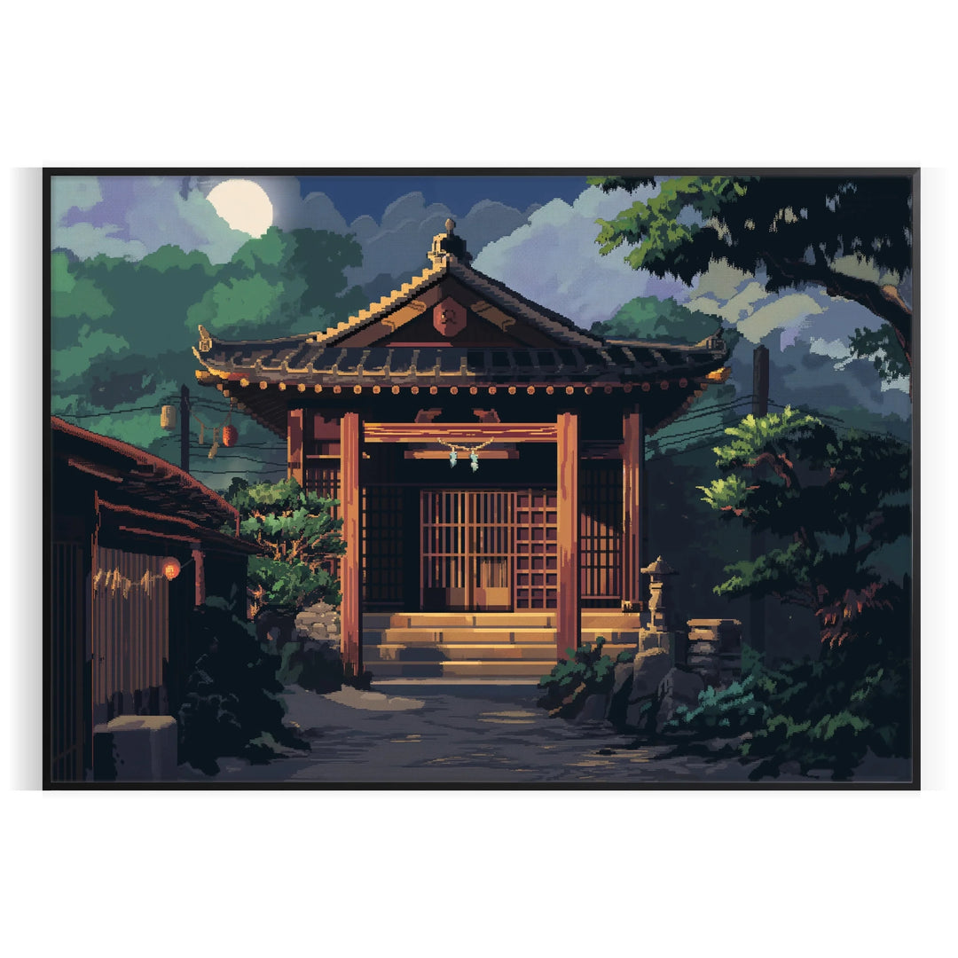 Pixel art depicting a cosmic scene with green and gray tones