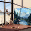 Pixel art design featuring a blend of black and blue hues - leaning on a herringbone floor against a white panelled wall
