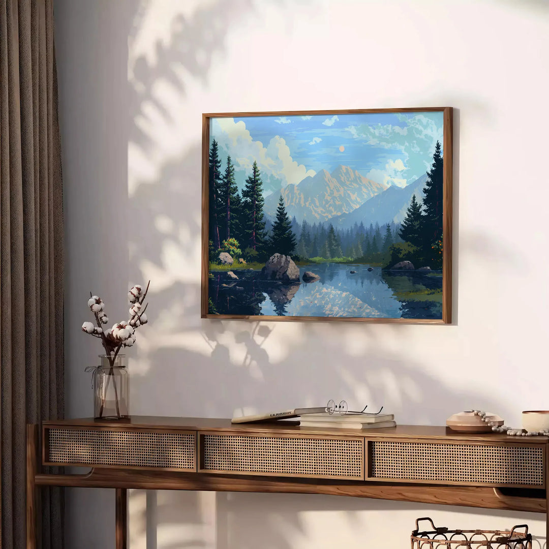Pixel art design featuring a blend of black and blue hues - styled on a counter with eucalyptus and a bowl of lemons