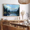 Pixel art design featuring a blend of black and blue hues - in a Parisian living room with a sofa and a fig plant