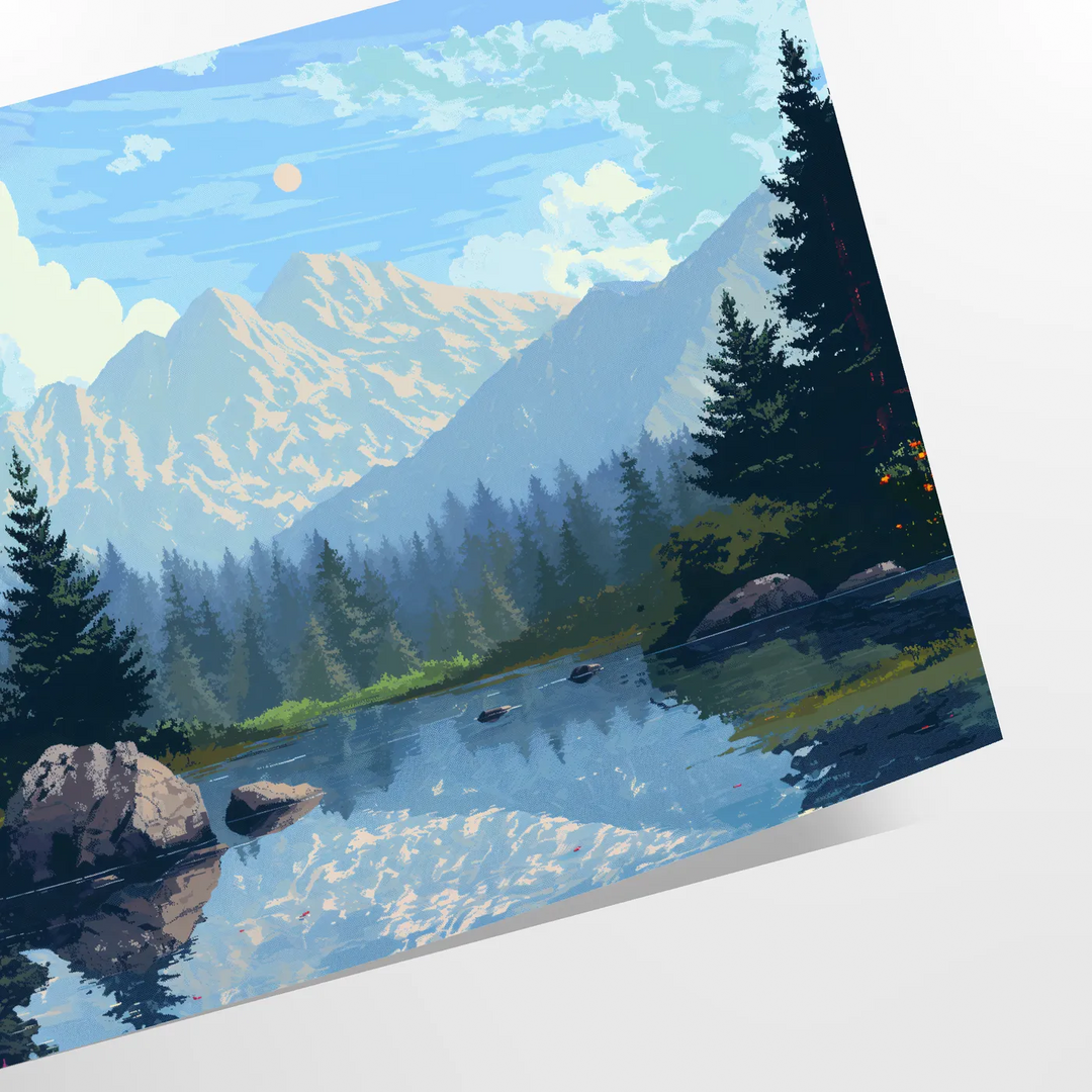 Pixel art design featuring a blend of black and blue hues - as a rolled, unframed print