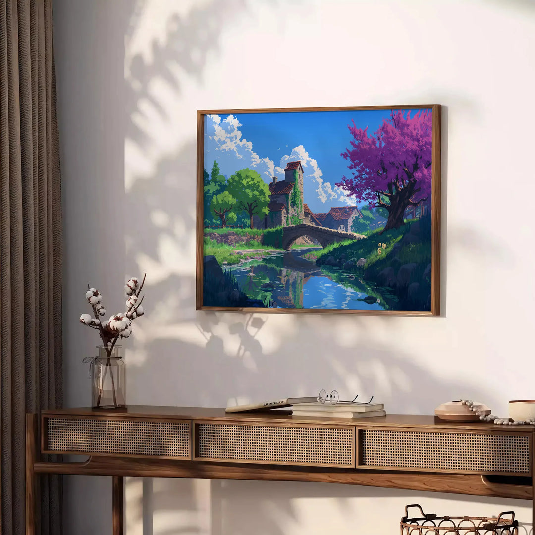 Blue pixel art depicting a space scene with stars and planets - styled on a counter with eucalyptus and a bowl of lemons