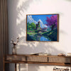 Blue pixel art depicting a space scene with stars and planets - styled on a counter with eucalyptus and a bowl of lemons