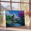 Blue pixel art depicting a space scene with stars and planets - beside a round wooden side table with books
