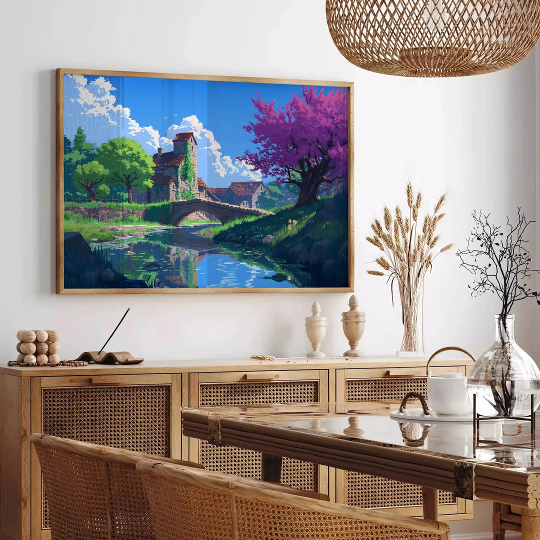Blue pixel art depicting a space scene with stars and planets - in a Parisian living room with a sofa and a fig plant