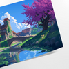 Blue pixel art depicting a space scene with stars and planets - as a rolled, unframed print
