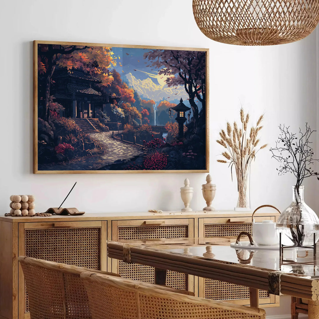 Pixel art design featuring green and blue hues with retro elements - in a Parisian living room with a sofa and a fig plant