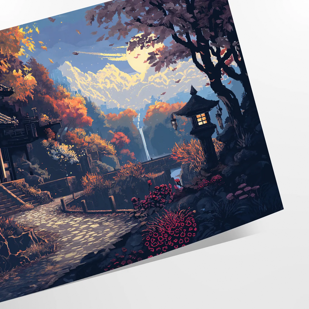 Pixel art design featuring green and blue hues with retro elements
