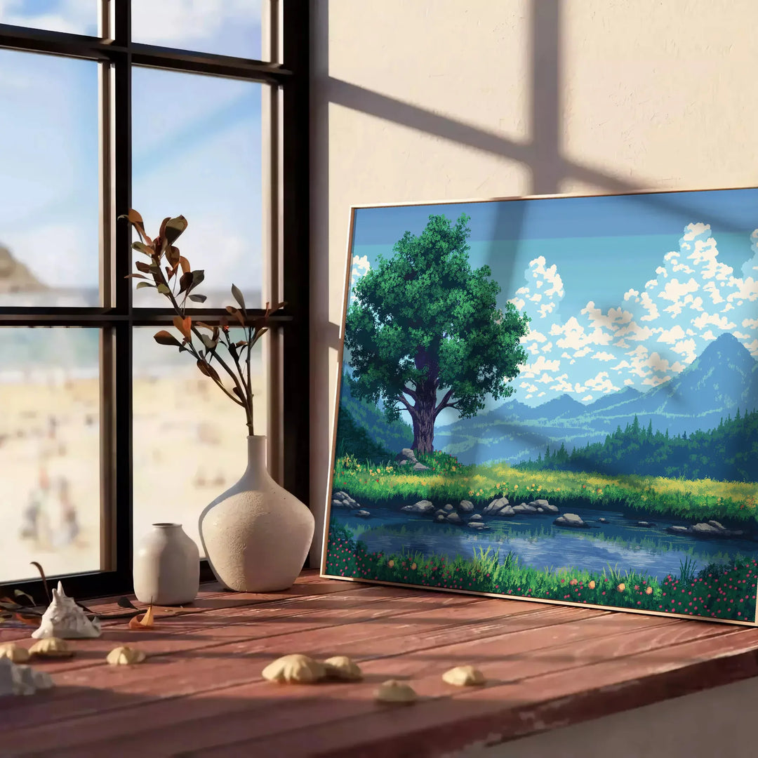 Pixel art depiction of a colorful cosmic scene with green and blue hues - leaning on a herringbone floor against a white panelled wall