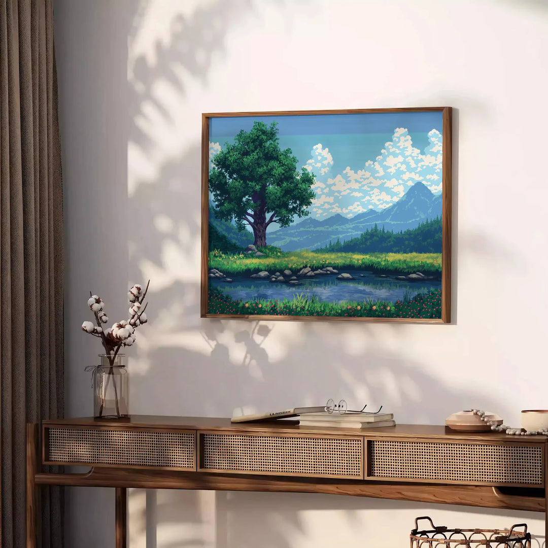 Pixel art depiction of a colorful cosmic scene with green and blue hues - styled on a counter with eucalyptus and a bowl of lemons