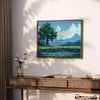 Pixel art depiction of a colorful cosmic scene with green and blue hues - styled on a counter with eucalyptus and a bowl of lemons
