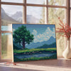 Pixel art depiction of a colorful cosmic scene with green and blue hues - beside a round wooden side table with books