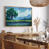 Pixel art depiction of a colorful cosmic scene with green and blue hues - in a Parisian living room with a sofa and a fig plant