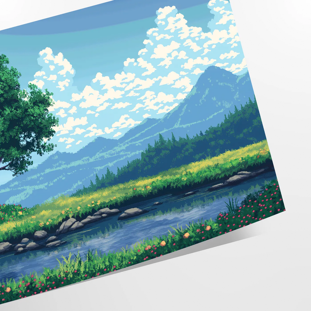 Pixel art depiction of a colorful cosmic scene with green and blue hues - as a rolled, unframed print