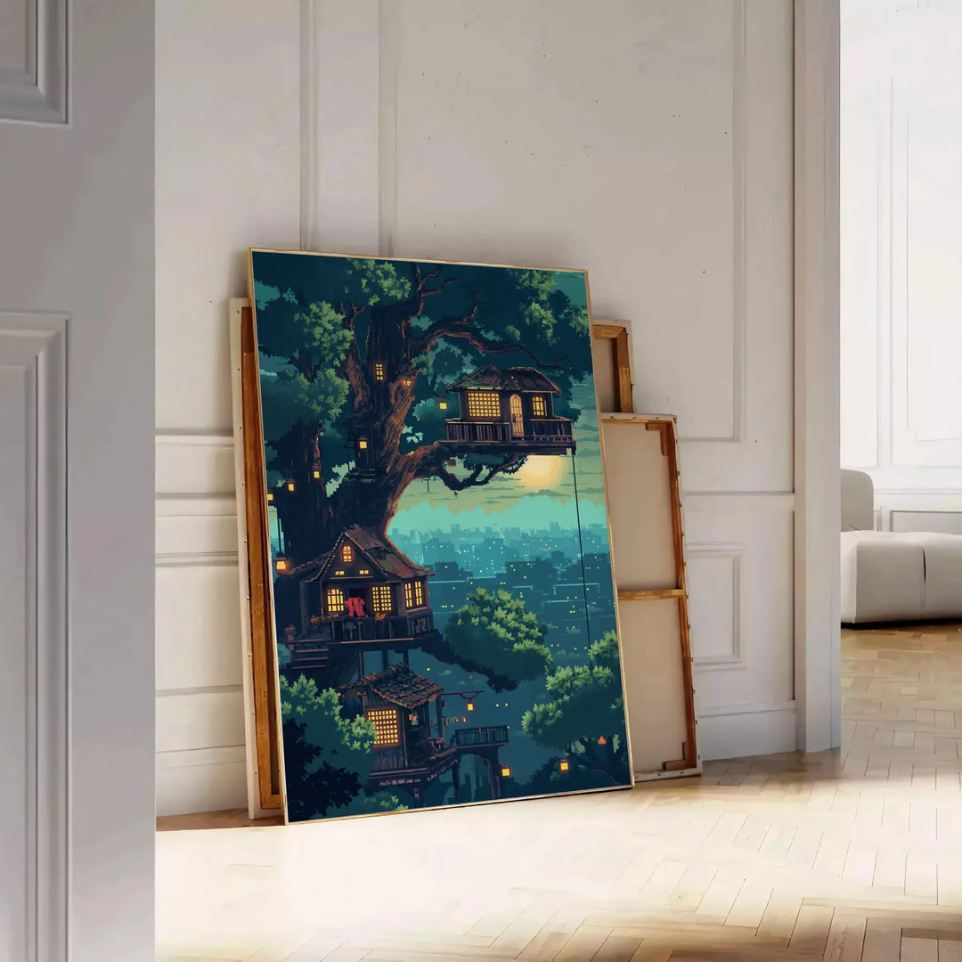 Colorful pixel art depicting a cosmic scene with green and gray tones - leaning on a herringbone floor against a white panelled wall