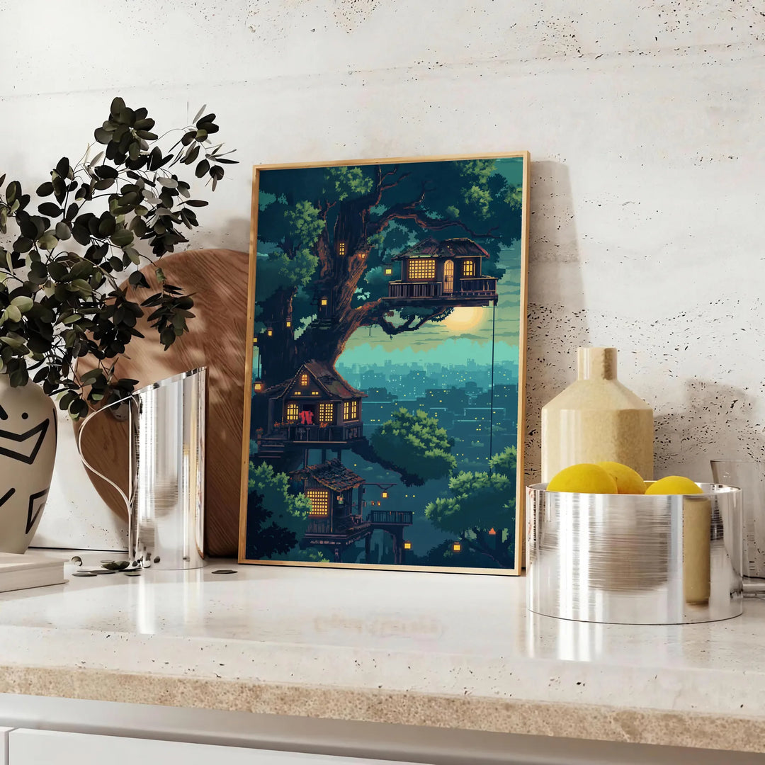 Colorful pixel art depicting a cosmic scene with green and gray tones - styled on a counter with eucalyptus and a bowl of lemons