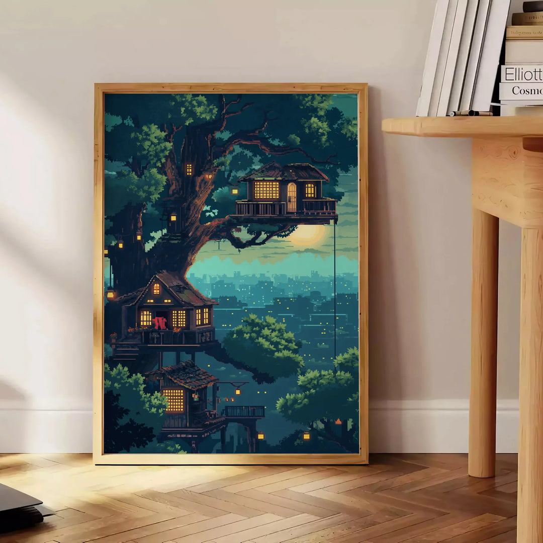 Colorful pixel art depicting a cosmic scene with green and gray tones - beside a round wooden side table with books