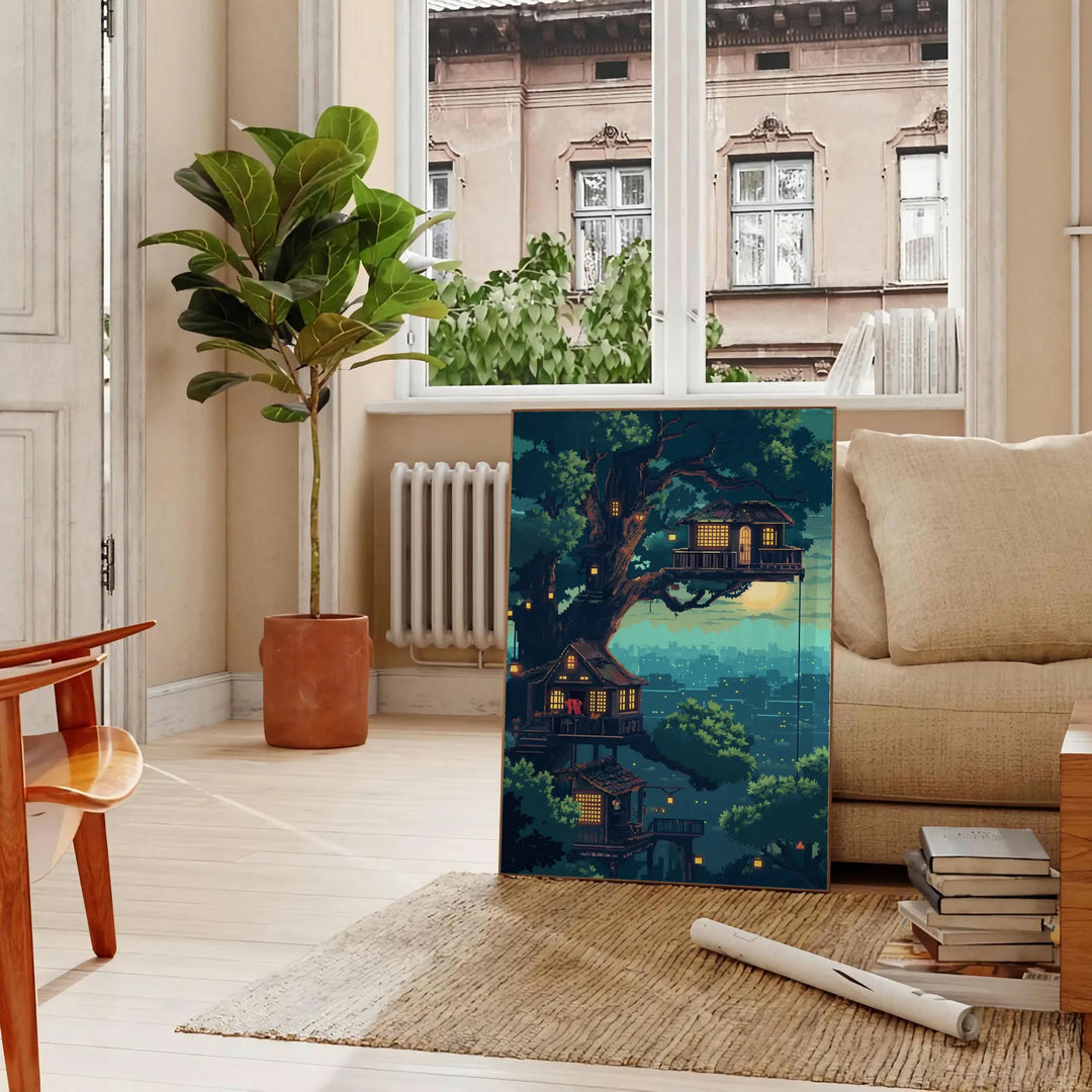 Colorful pixel art depicting a cosmic scene with green and gray tones - in a Parisian living room with a sofa and a fig plant