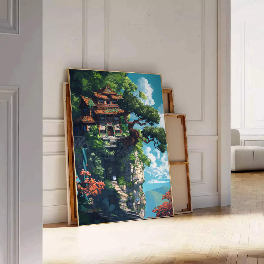 Pixel art depiction of a colorful space scene with green and blue tones - leaning on a herringbone floor against a white panelled wall