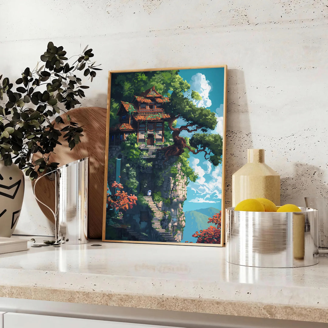 Pixel art depiction of a colorful space scene with green and blue tones - styled on a counter with eucalyptus and a bowl of lemons
