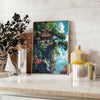 Pixel art depiction of a colorful space scene with green and blue tones - styled on a counter with eucalyptus and a bowl of lemons