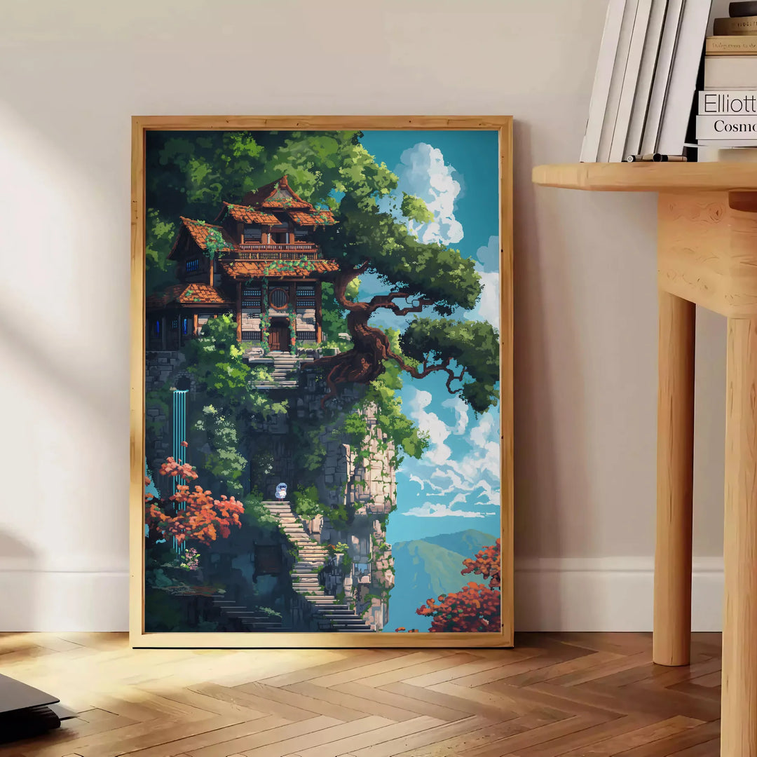 Pixel art depiction of a colorful space scene with green and blue tones - beside a round wooden side table with books