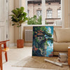 Pixel art depiction of a colorful space scene with green and blue tones - in a Parisian living room with a sofa and a fig plant