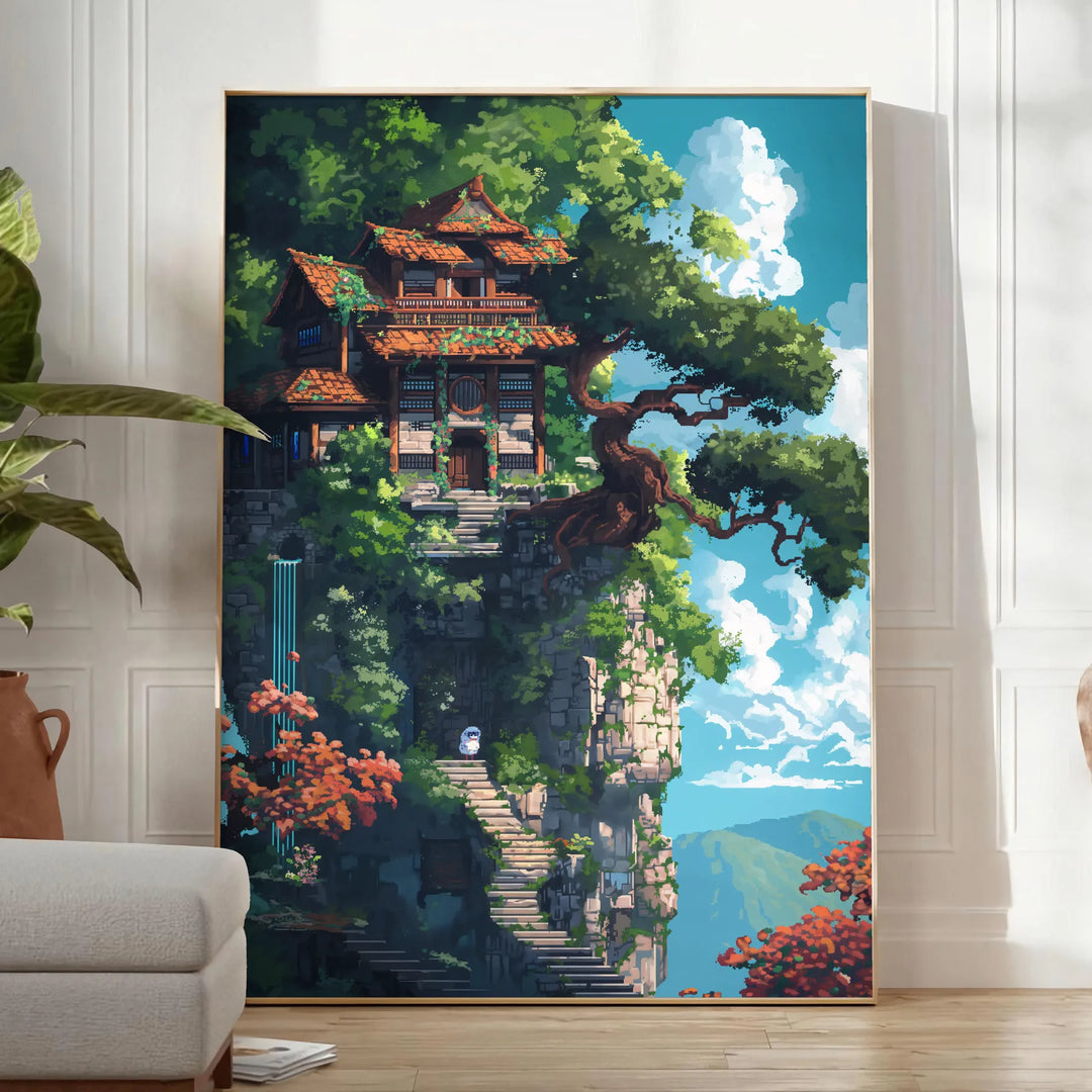 Pixel art depiction of a colorful space scene with green and blue tones - in a bright minimalist room with a plant and an armchair
