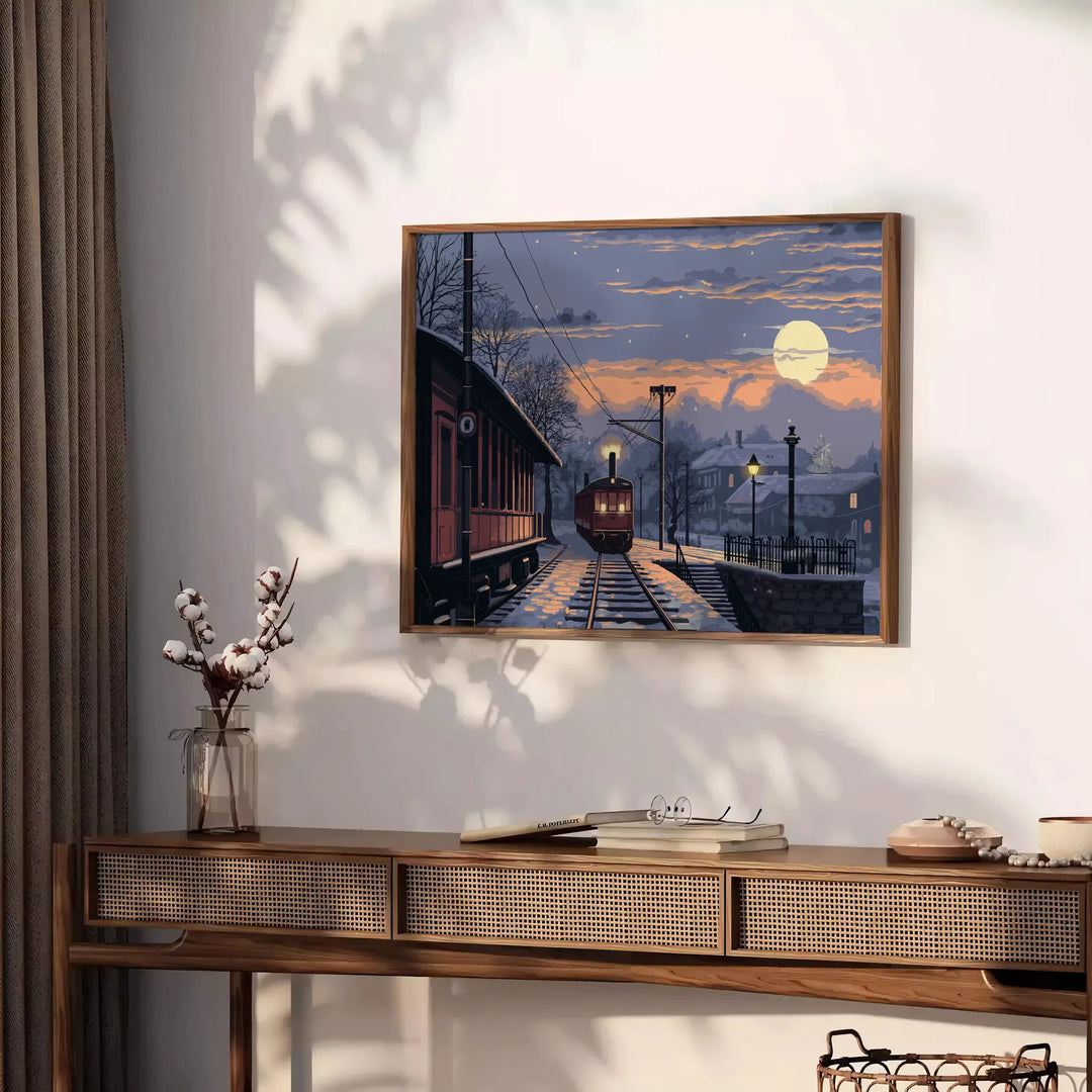 pixel art depiction of a starry night sky with gray and blue tones - styled on a counter with eucalyptus and a bowl of lemons