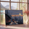 pixel art depiction of a starry night sky with gray and blue tones - beside a round wooden side table with books