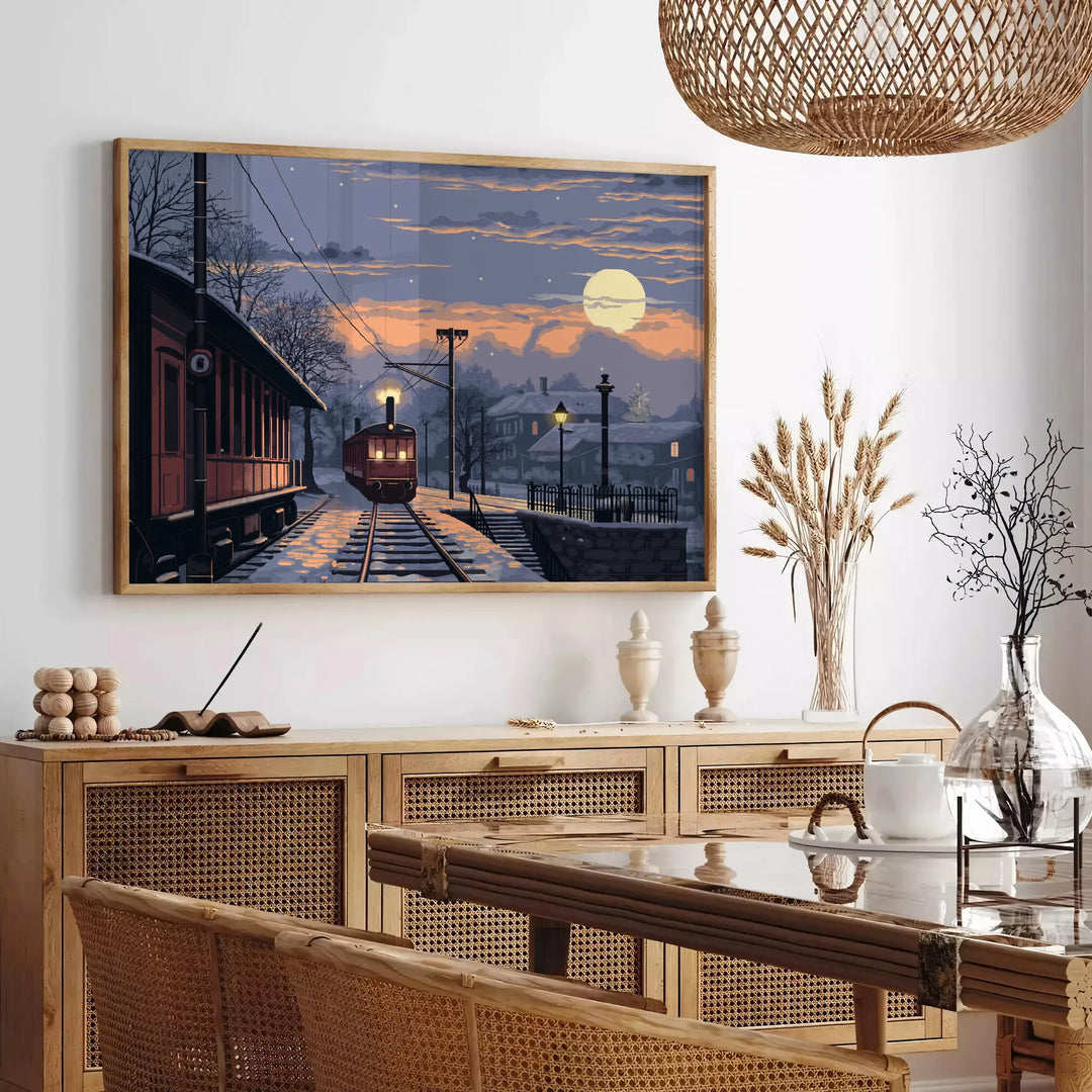 pixel art depiction of a starry night sky with gray and blue tones - in a Parisian living room with a sofa and a fig plant