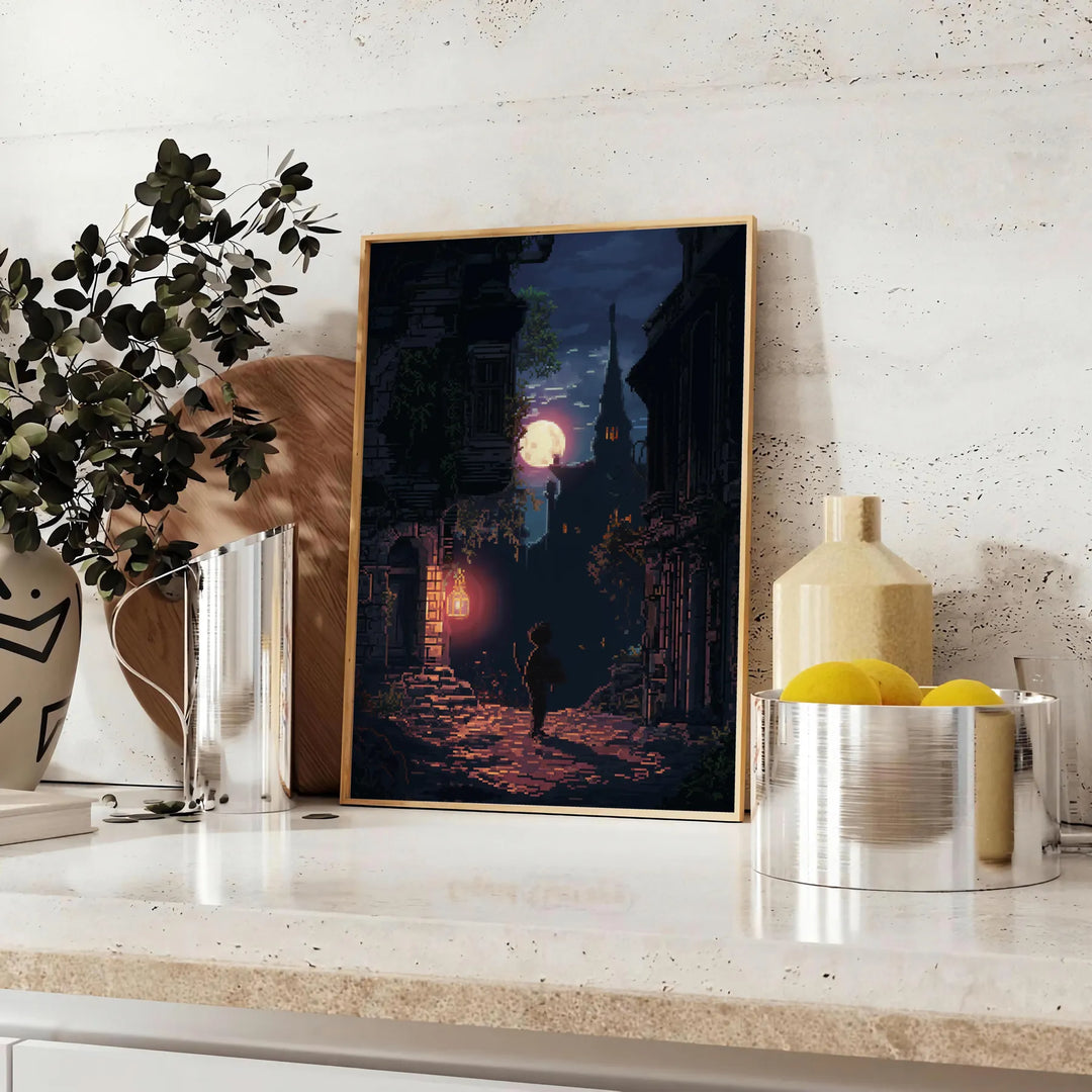 Pixel art depicting a vibrant green and black landscape with retro elements - styled on a counter with eucalyptus and a bowl of lemons