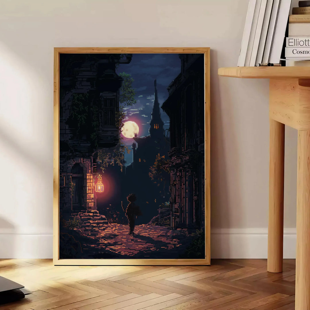 Pixel art depicting a vibrant green and black landscape with retro elements - beside a round wooden side table with books