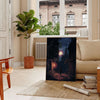 Pixel art depicting a vibrant green and black landscape with retro elements - in a Parisian living room with a sofa and a fig plant