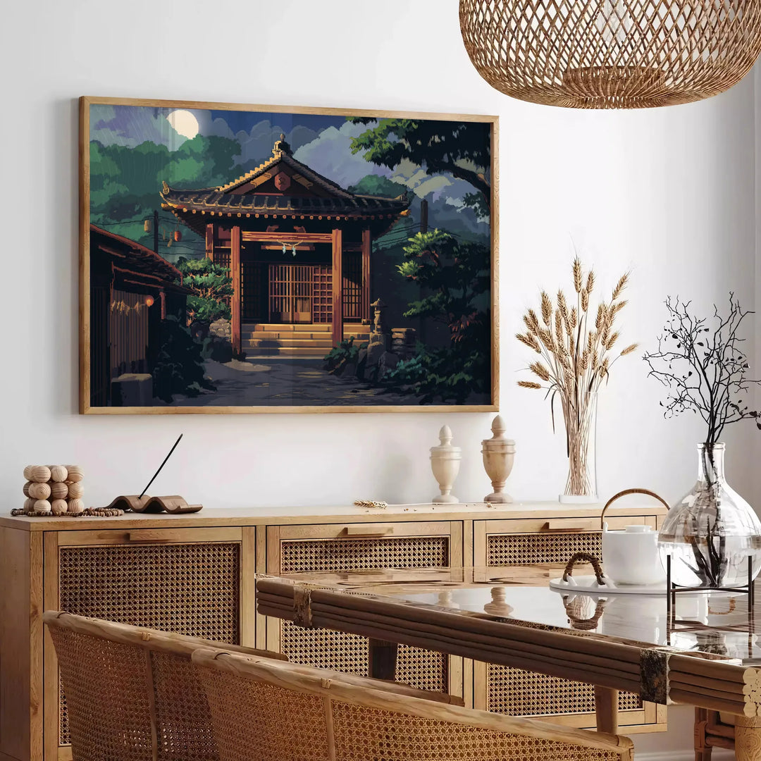 Pixel art depicting a cosmic scene with green and gray tones - in a Parisian living room with a sofa and a fig plant