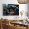 Pixel art depicting a cosmic scene with green and gray tones - in a Parisian living room with a sofa and a fig plant