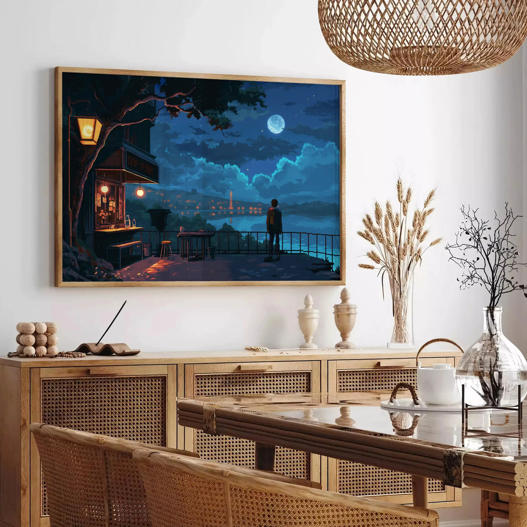 Pixel art depiction of a vibrant green and blue landscape - in a Parisian living room with a sofa and a fig plant