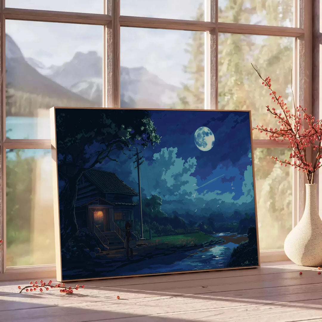 Colorful pixel art depicting a cosmic scene with stars and planets - beside a round wooden side table with books