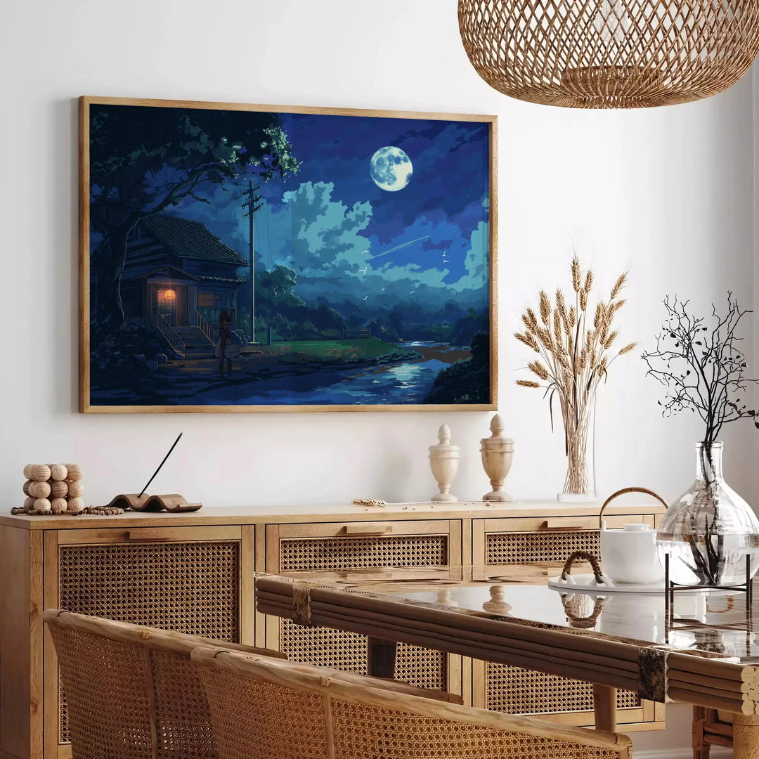Colorful pixel art depicting a cosmic scene with stars and planets - in a Parisian living room with a sofa and a fig plant