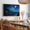 Colorful pixel art depicting a cosmic scene with stars and planets - in a Parisian living room with a sofa and a fig plant