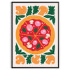 Un'illustrazione colorata di una pizza con condimenti, con tonalità verdi e arancioni. - in una cornice nera