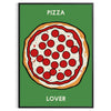 Illustrazione di una pizza con ingredienti colorati su uno sfondo scuro di cucina - in una cornice nera