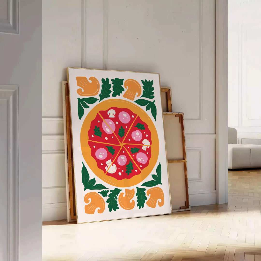Un'illustrazione colorata di una pizza con condimenti, con tonalità verdi e arancioni. - appoggiato su un pavimento a spina di pesce contro una parete a pannelli
