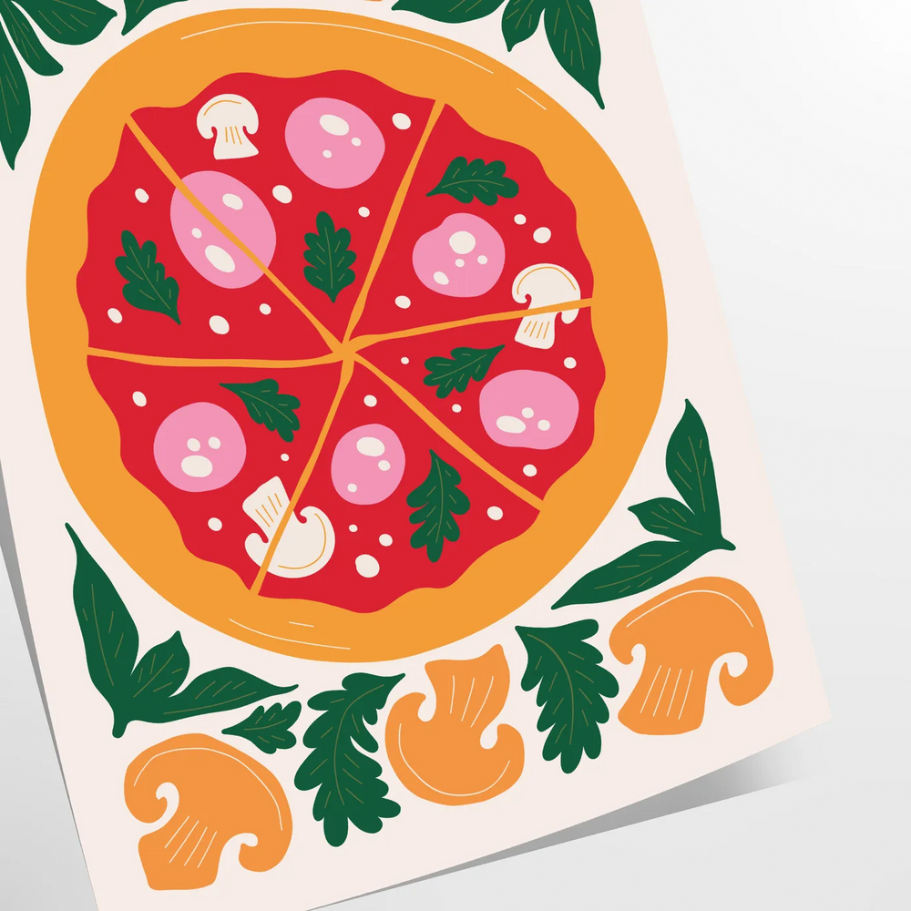 A colorful illustration of a pizza with toppings, featuring green and orange hues.