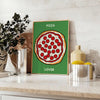 Illustrazione di una pizza con ingredienti colorati su uno sfondo scuro di cucina - su un piano con eucalipto e una ciotola di limoni